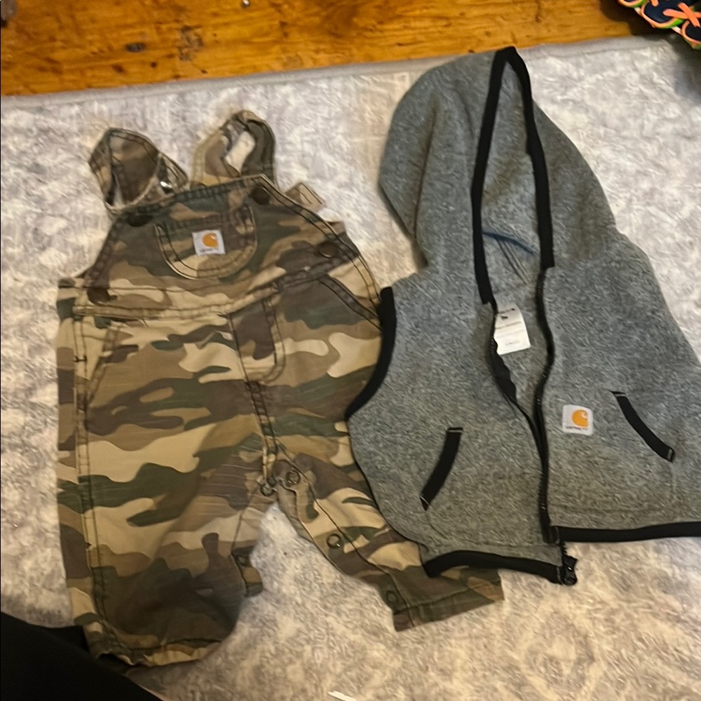 Carhartt Camo Overalls and Gray Hooded Vest